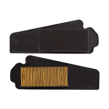 Rectangular motorcycle air filter replacement for BoxToBox, black frame with yellow pleats.