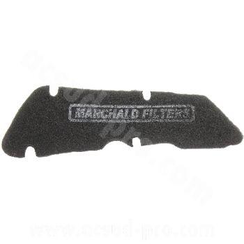 Rectangular black motorcycle air filter sponge, Malossi Filters logo, BoxToBox recambio