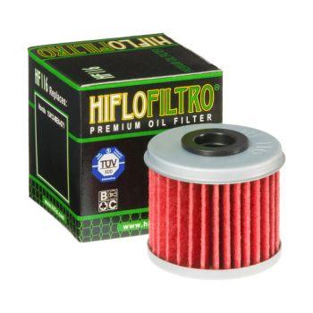 Hiflofiltro HF116 premium motorcycle oil filter with box, available at BoxToBox